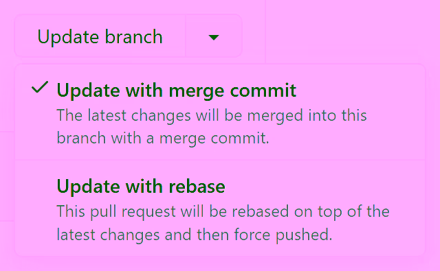 Screenshots showing GitHub's "Update with rebase" button